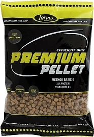 Pacote de pellets para pesca Lorpio preto e amarelo com texto em inglês