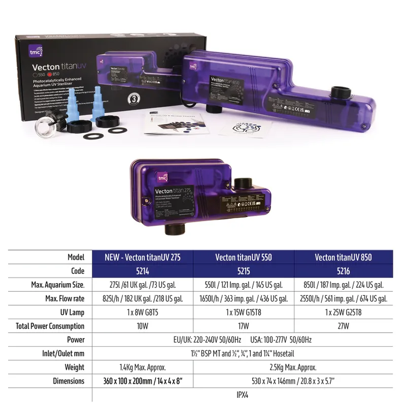 Esterilizador UV para aquários Vecton titanUV em plástico roxo com caixa preta e acessórios