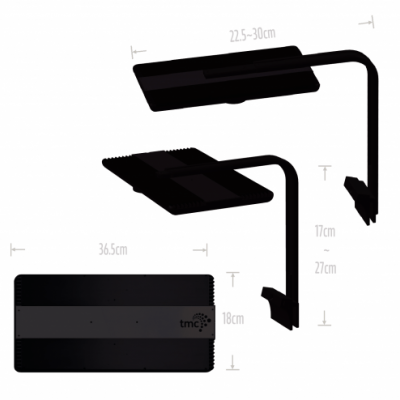 Prateleira preta com suporte ajustável, dimensões indicadas e texto 'tmc'