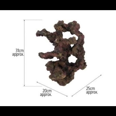 Escultura ou objeto decorativo castanho com textura rugosa e dimensões indicadas