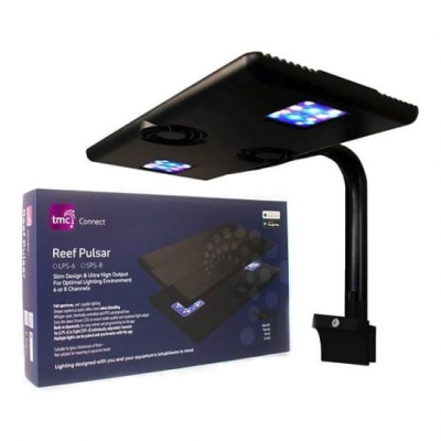 Luz LED Reef Pulsar preta com LEDs azuis e embalagem roxa da tmc Connect