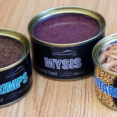 Três latas abertas de comida enlatada para animais com rótulos 'BLUE SHRIMPS', 'MYSIS' e 'ANTARCTIC KRILL' sobre superfície de madeira.