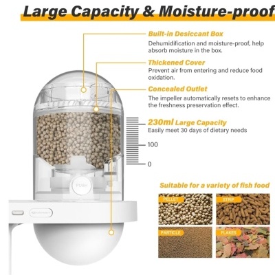 dispensador automático transparente com ração e funcionalidades em destaque