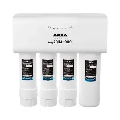 Filtro de água branco ARKA myAQUA 1900 com quatro cartuchos filtrantes rotulados