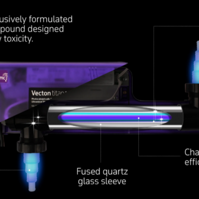 Dispositivo com componentes roxos translúcidos, tubo de quartzo e candeeiro UV