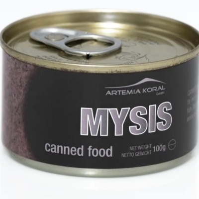 Lata de comida enlatada MYSIS com rótulo preto e tampa metálica