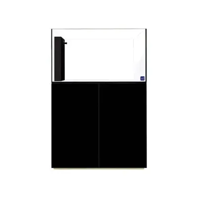 Aquário retangular com móvel preto e filtro lateral