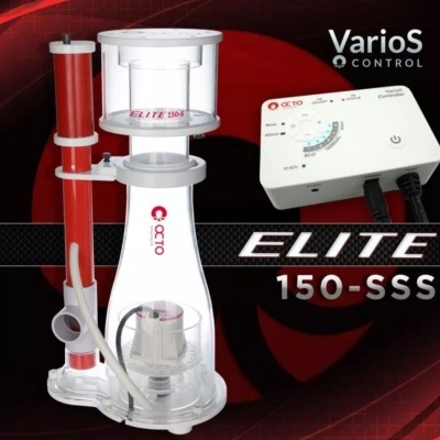 Aparelho para aquários skimmer de proteína e controlador OCTO com texto ELITE 150-SSS em fundo vermelho e preto