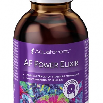 Frasco castanho com rótulo roxo e tampa branca do produto Aquaforest AF Power Elixir