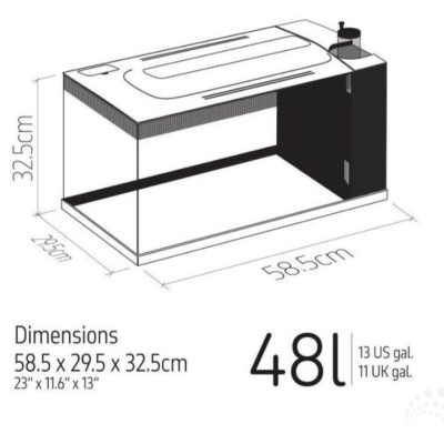 Aquário de vidro transparente com tampa e filtro, mostrando dimensões e capacidade