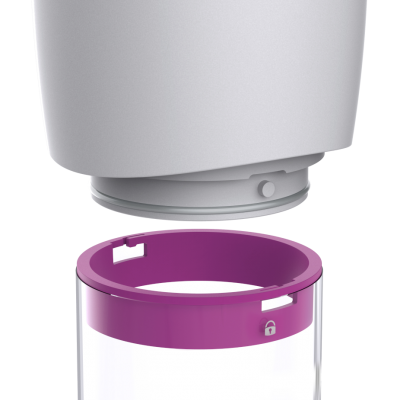 Recipiente plástico transparente e branco com detalhes roxos e tampa destacada