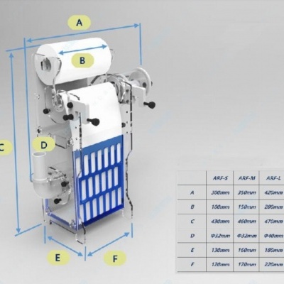 Aparelho metálico para corte e laminação de rolo de papel com etiquetas de medidas e tabela de dimensões