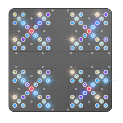 Painel cinzento com quatro quadrados, cada um com LEDs coloridos formando um X.