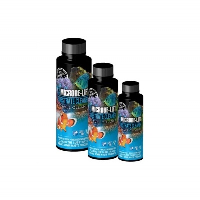 Três frascos pretos do Microbe-Lift Substrate Cleaner com rótulos azuis e imagem de peixe-palhaço