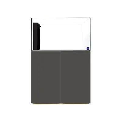 Aquário transparente com suporte cinzento escuro e coluna preta interior