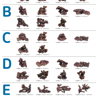 Seleção de pedras decorativas agrupadas e numeradas em seis categorias de A a F com descrições de tamanhos em centímetros