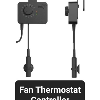 Controlador termostático preto com visor circular, LEDs, fio e sonda térmica em duas vistas