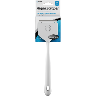 Raspador de algas branco com embalagem azul e branca