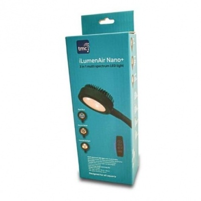 Embalagem azul de dispositivo iLumenAir Nano+ com imagem do produto preto ovalado