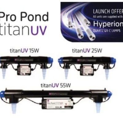 Lâmpadas UV Pro Pond titanUV em preto e azul com detalhes metálicos e texto promocional
