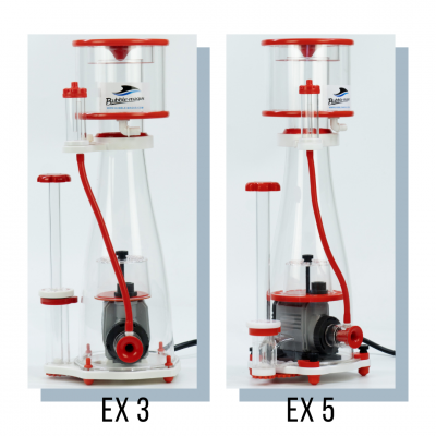 Skimmers para aquários Bubble Magus EX 3 e EX 5 em acrílico transparente com detalhes vermelhos e brancos