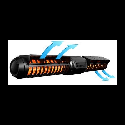 Aparelho preto para aquecimento com indicações de fluxo de ar quente