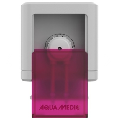 Dispositivo branco com tampa translúcida rosa com texto AQUA MEDIC