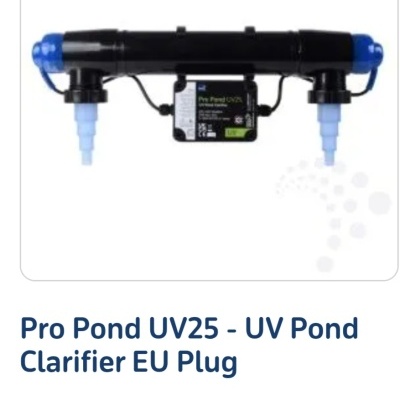 Dispositivo UV Pro Pond UV25 preto com encaixes azuis e etiqueta central