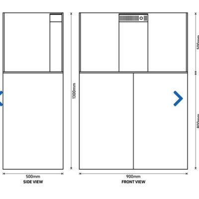 Diagrama técnico de eletrodoméstico retangular com dimensões em milímetros