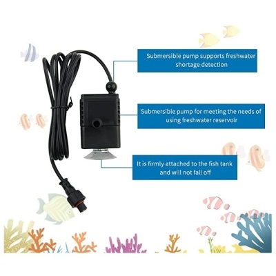 Bomba submersível preta com cabo e ventosa para aquário, rótulos azuis com texto