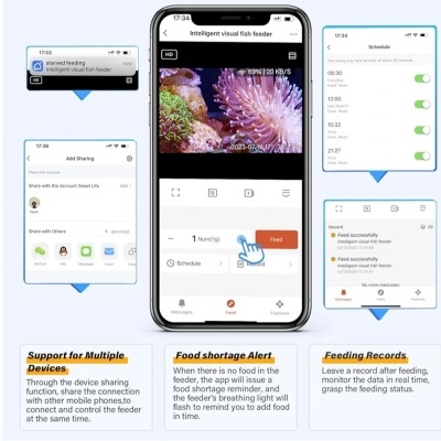 Aplicação de alimentador de peixes inteligente num smartphone mostrando várias funções e alertas.