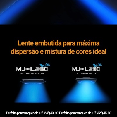 Comparação de sistemas de iluminação LED MJ-L260 e MJ-L290 com luz azul para tanques de vários tamanhos