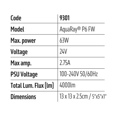 Etiqueta técnica com especificações do produto AquaRay P6 FW
