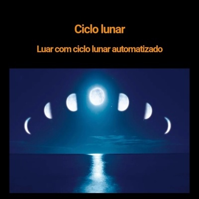 Fases do ciclo lunar com texto em amarelo sobre fundo azul escuro.