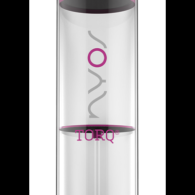 Recipiente cilíndrico transparente com tampas e componentes roxos