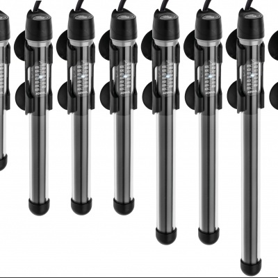 Sete aquecedores de aquário verticais metal e preto em fundo branco