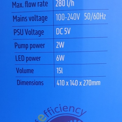 Etiqueta técnica do modelo TMC Kreisel 15 com especificações e logotipo reef efficiency