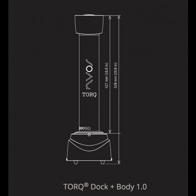 Dispositivo preto vertical TORQ com dimensões e texto técnico
