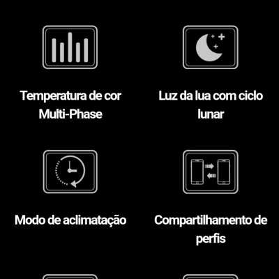 Ícones com texto descritivo de características técnicas em português