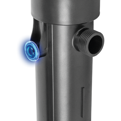 Filtro de água cilíndrico de plástico preto com válvula azul