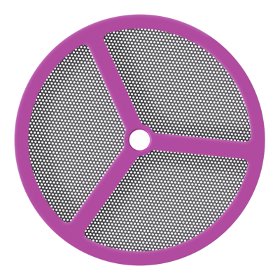 Filtro redondo com armação roxa e malha metálica cinzenta