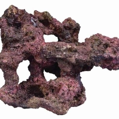Estrutura rochosa decorativa para aquário, cor roxo-avermelhada, textura rugosa e cavidades