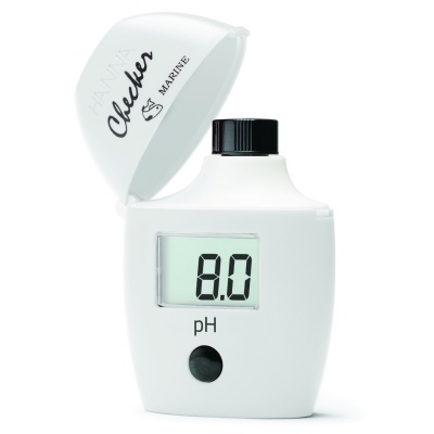 Medidor digital de pH branco com ecrã a mostrar valor 8.0