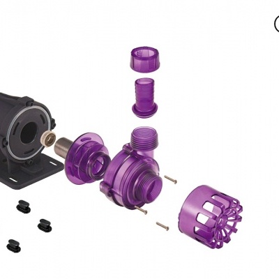 Bomba submersível desmontada roxa translúcida com base preta e texto tropical marine centre