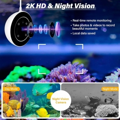 Câmara de segurança branca com lente preta e antena mostrando funcionalidades de visão noturna e modo diurno/nocturno.