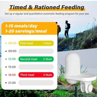 Alimentador automático branco para animais com tabela de horários de alimentação