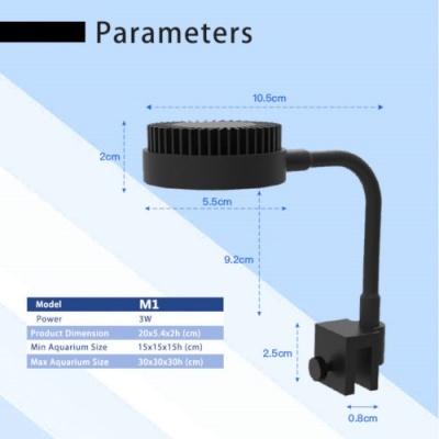 Dispositivo preto para aquário com parâmetros e dimensões em fundo azul claro