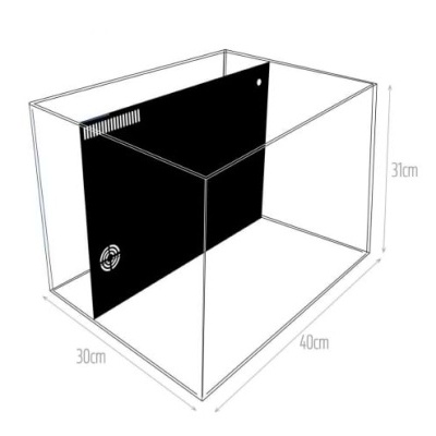 Aquário retangular de vidro transparente com fundo preto e dimensões indicadas.