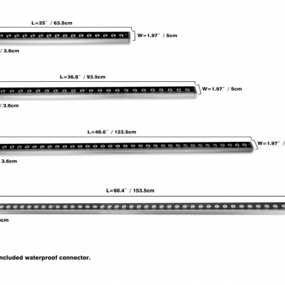 Barras de LED pretas com medidas e texto explicativo