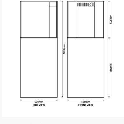 Desenho técnico de aquário TMC Reef Habitat 50 com medidas